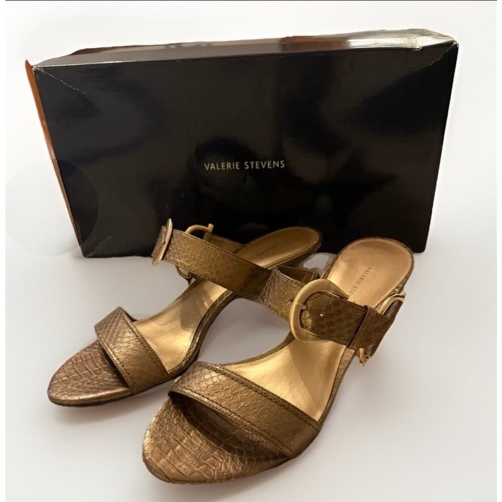 VALERIE STEVENS Slide Sandals Bronze Snake Skin Kitten Heels Size 7 3597-16